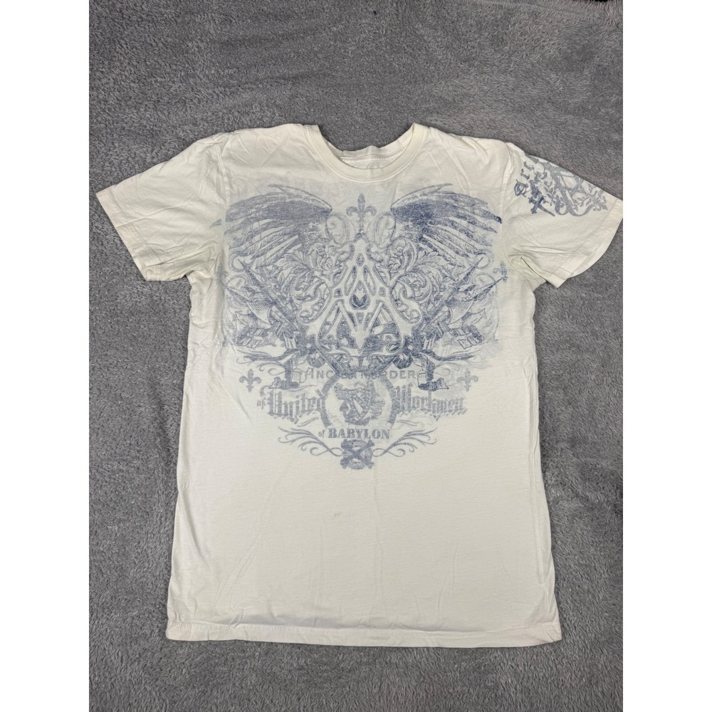 Archaic Affliction T-Shirt Mens XL White Blue Babylon Graphic Biker MMA Tee GOOD